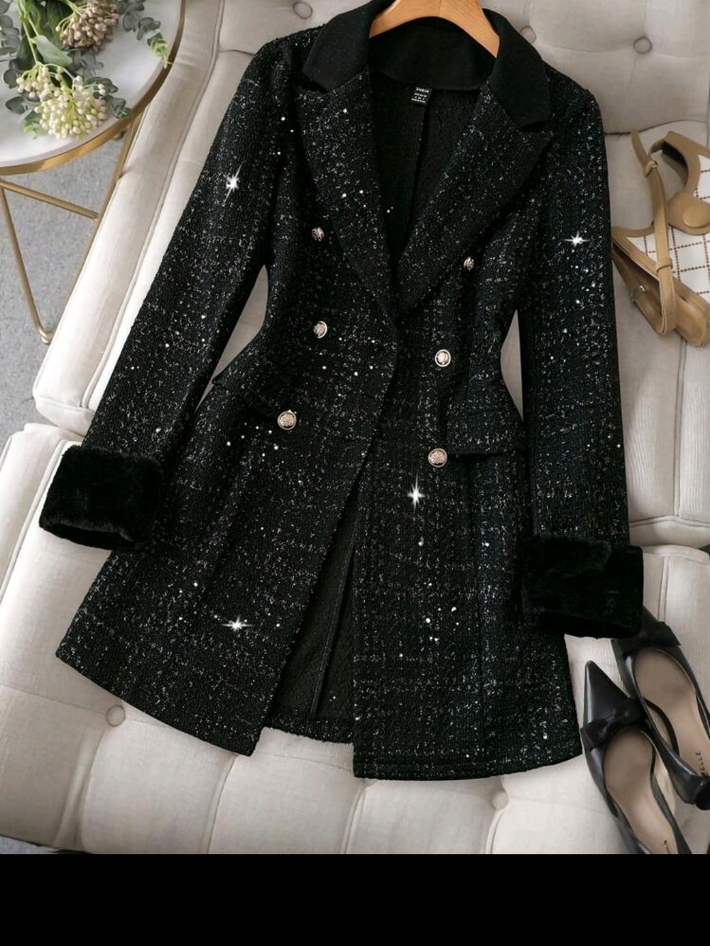 Black Double-Breasted Tweed Blazer Coat